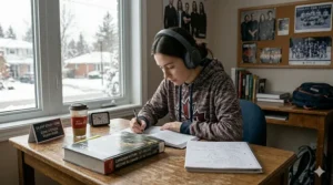 A Canadian high school student preparing for exams using over-ear noise cancelling headphones.