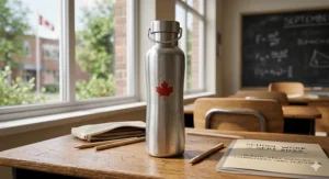 Durable stainless steel water bottle with a Canadian maple leaf decal, emphasizing plastic-free school supplies for hydration.