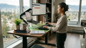 A high-resolution photorealistic 4K image showing the student from image_0.png working while standing at her raised desk in the Vancouver apartment. A green glowing safe-zone outline defines the compact standing workspace. The bilingual STUDY PLAN / PLAN D'ÉTUDE and UBC mug from image_0.png are visible on the desk, illustrating a convertible ergonomic study setup.