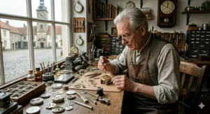 A close-up of a craftsman using a loupe for intricate repairs, ideal for a blog post about Christmas gifts for students who love studying complex subjects like medicine or law.
