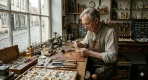 A luthier carving a violin in a cozy workshop, perfect for Christmas gifts for students who love studying music and fine arts at Canadian conservatories.