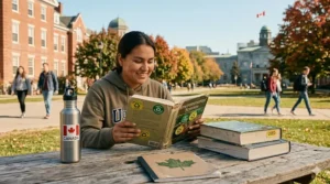A photorealistic 4K photograph of a student on an autumn Canadian campus, holding worn environmental science textbooks covered in small recycle symbol stickers, with a notebook featuring a large green maple leaf on the table.