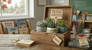 Small hardy succulent in a ceramic pot with a tag reading "Thanks for helping me grow" in English and French.