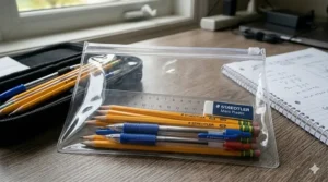 A clear exam-ready pencil case containing essential Grade 12 final exam supplies for Ontario high school students.