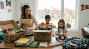Illustration of a student packing discounted desk lamps and planners for a Canadian university semester.