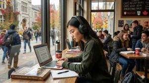 A student using noise cancelling headphones for studying at a busy McGill or UBC campus cafe.