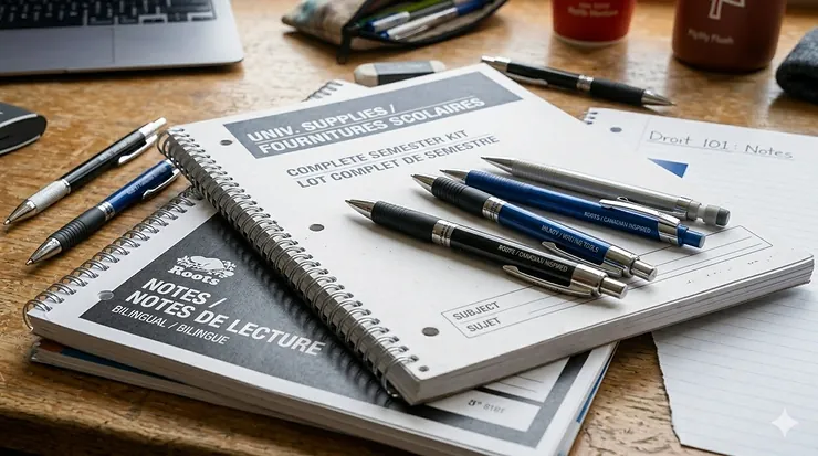 4K photorealistic view of university tech essentials for Canadian students including a laptop, noise-canceling headphones, and a bilingual power bank.