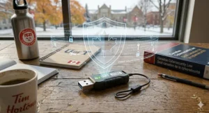 A colorful illustration of a fast USB flash drive for students being used by a film student to store large video projects.