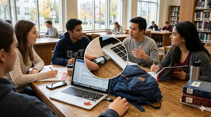 A student using a rugged USB flash drive for students on a laptop in a Canadian university library, with a maple leaf decal on the laptop lid.