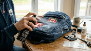 A person applying a waterproof protector spray to a canvas backpack to prepare for rainy Vancouver or Atlantic weather.