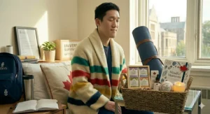 A soft, weighted beaver plush toy designed as a comforting first day of school gift for Canadian children feeling nervous about the new year.