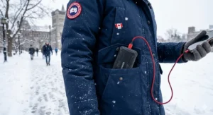 Illustration highlighting a cold-resistant power bank for university students tucked into a heavy winter parka pocket.