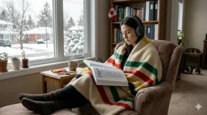 A cozy indoor study setup in Canada featuring noise cancelling headphones to block out household distractions.