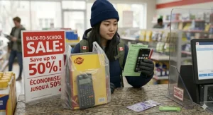 Illustration of a student shopping for affordable school supplies in Canada, featuring a "Back to School" sale sign and a checklist.