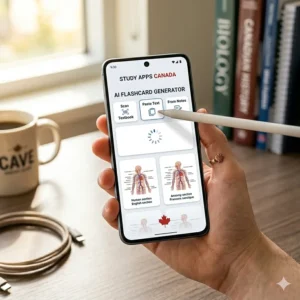 A digital dashboard of an AI-powered study app generating automated flashcards from a biology textbook for a student in Toronto.