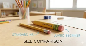 A high-resolution, photorealistic studio comparison of a standard slender HB pencil and a thick, triangular beginner pencil for kindergarten, shot in natural light with fine wood grain detail.