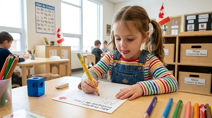 A young girl practices writing with a thick, triangular beginner pencil in a Canadian kindergarten classroom. The scene includes bilingual educational materials and Canadian flag decorations. beginner pencils for kindergarten