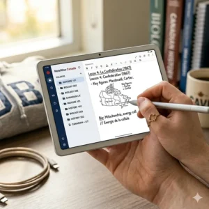A stylized illustration of a student using a stylus to take handwritten digital notes on a tablet with a "Study Apps for Canadian Students" overlay.