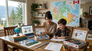 A stack of bilingual French and English homeschool supplies and workbooks for Canadian immersion students.
