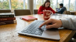 A detailed close-up of a Canadian French-English bilingual laptop keyboard with engraved special characters, used for university coursework.