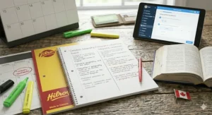 Illustration of notebooks and language apps for international students in Canada, focusing on English and French bilingual school supplies.