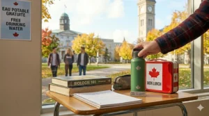 A BPA-free water bottle for students sitting on a classroom desk next to a biology textbook.