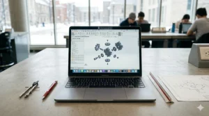 A high-performance laptop running CAD software, an essential digital supply for first-year Canadian engineering students, in a modern campus setting.