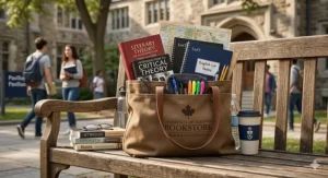 A stylized illustration of a campus bookstore bag containing notebooks, pens, and literary theory textbooks for a Canadian university student.
