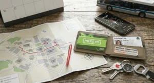 Illustration of a student’s wallet containing a Canadian transit pass and a student ID card next to a university campus map.