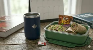 Illustration of a reusable coffee mug and a lunch box, showing sustainable school supplies for international students at a Canadian college.