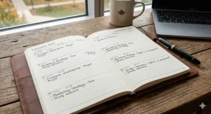 A 16-month academic planner for MBA students in Canada with English and French labels for bilingual organization.