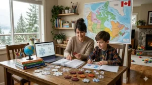 Sketches of outdoor homeschool supplies like magnifying glasses and journals for Canadian geography and nature studies.