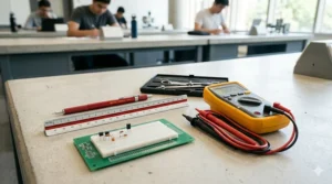Basic electronic prototyping tools, a digital multimeter, and metric rulers used as design supplies for first-year engineering students in Canada.