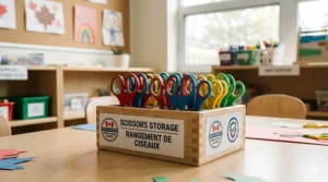 A photorealistic image of a wooden classroom scissor caddy filled with safety scissors, featuring a distinct bilingual English and French storage label.