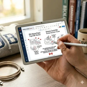 A split-screen view of a collaborative whiteboard app being used by students in Vancouver and Montreal for a shared university project.