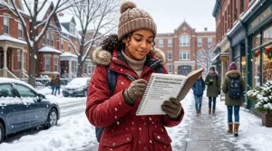 A diverse high school student in a winter jacket checking off a habit tracker for students before heading to class in a snowy Canadian city.