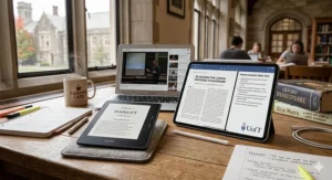An e-reader and tablet displaying a Shakespearean play, representing modern English literature student supplies used at Canadian universities.