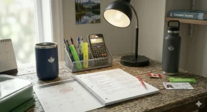 Illustration of a cozy dorm room study desk with a desk lamp and organizer, showcasing home-base school supplies for international students in Canada.