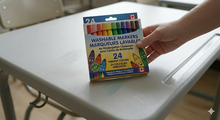 Illustration showing how easily washable markers for a kindergarten classroom wipe clean from school furniture and surfaces. washable markers for kindergarten classroom