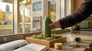 A student using a cleaning brush to maintain an easy-clean water bottle for students (gourde pour étudiants).