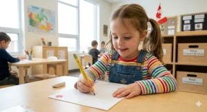 A 4K photorealistic photograph in natural light showing a pack of three yellow triangular beginner pencils with eco-friendly packaging, featuring FSC and recycling logos, resting on a wooden Canadian kindergarten desk.