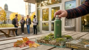 An eco-friendly water bottle for students displayed with autumn maple leaves on a Canadian campus.