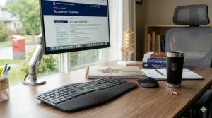 An ergonomic desk setup with a lumbar support chair and monitor stand tailored for adult learners returning to school.