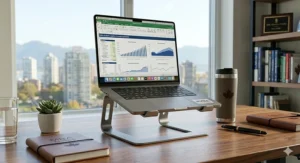 A portable ergonomic laptop stand, an essential supply for MBA students in Canada working long hours on financial modeling.