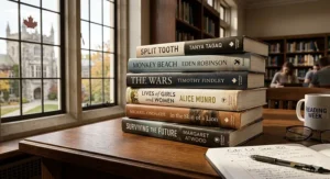 A curated stack of English literature student supplies for university, including Canadian classics by Margaret Atwood and Michael Ondaatje.