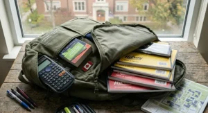 Illustration of a backpack filled with school supplies for international students, including a scientific calculator and a bilingual English-French dictionary.