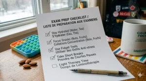 A bilingual English and French "Exam Prep / Préparation aux examens" checklist highlighting mental health and stress relief supplies.