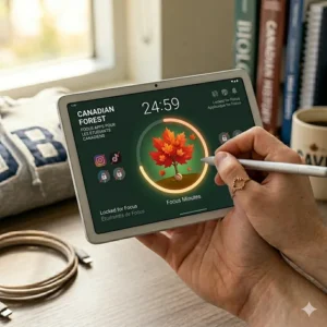 A minimalist illustration of a "focus forest" app where a digital maple tree grows as a student stays off social media to study.