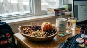 A bowl of trail mix and fruit, showcasing nutritional stress relief supplies for exam season to maintain student energy.