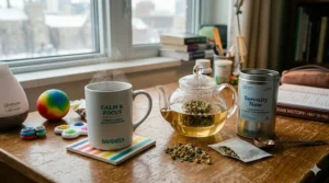 A steaming mug of herbal tea next to textbooks, representing calming stress relief supplies for exam season in Canada.